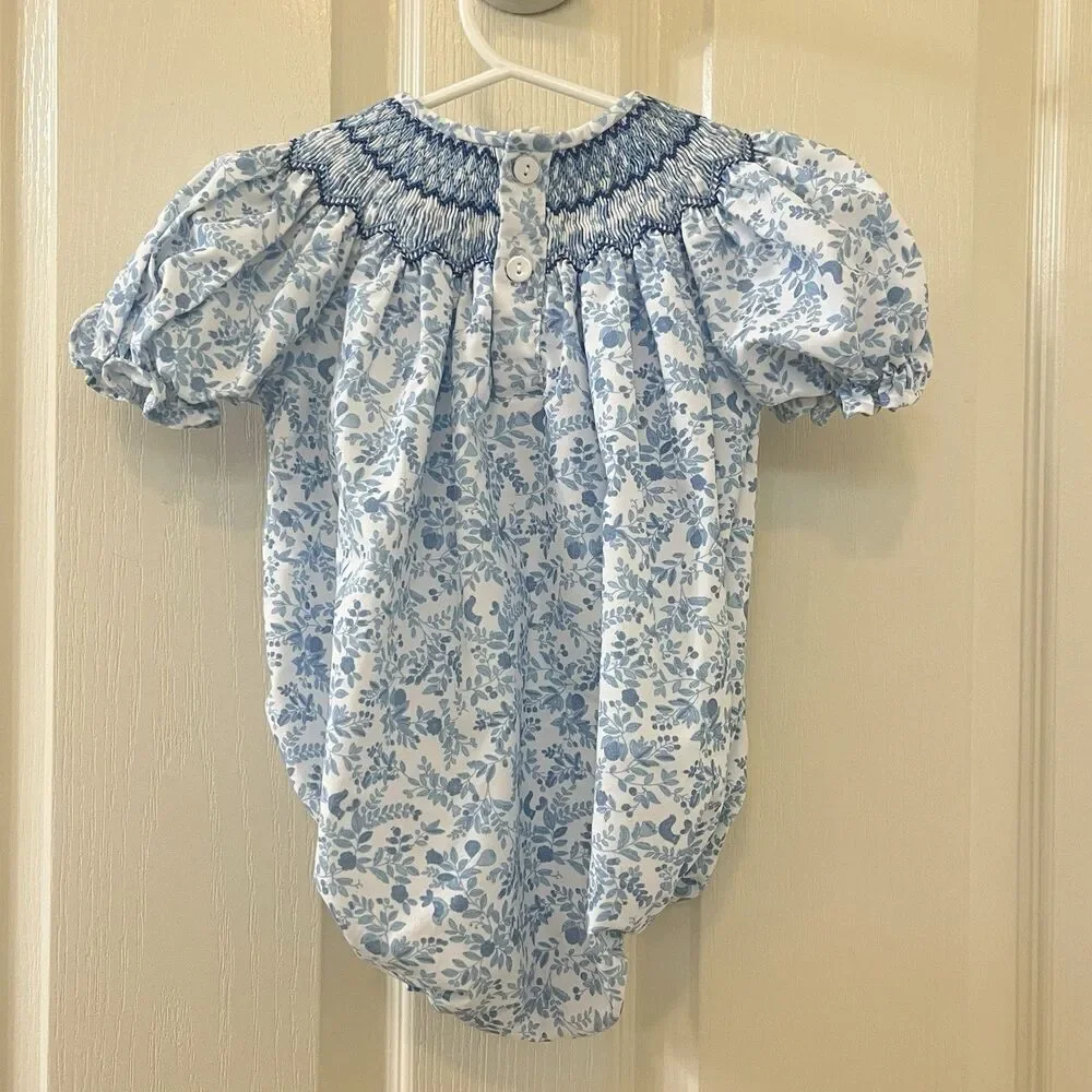 Sweet Dreams Blue Floral Birds Smocked Bubble Romper Girls Size 12 Months